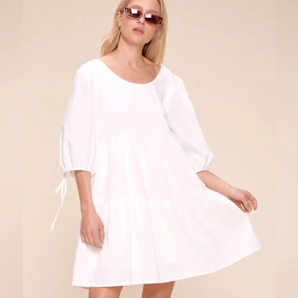 CRESCENT | White Charley Dress White Mini Tiered Balloon Sleeve Tie | Size Small